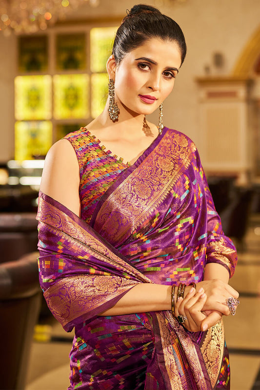 Petrichor Purple Organza Silk Saree With Energetic Blouse Piece