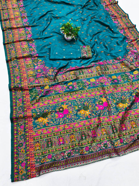 Designer Rama Nylon Dola Pashmina Saree With Fantabulous Blouse Piece