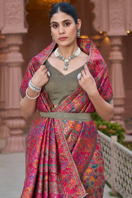 Charismatic Grey Pashmina Saree With Sophisticated Blouse Piece
