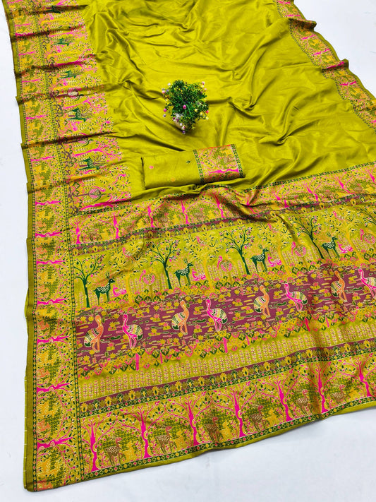 Hypnotic Mehandi Nylon Dola Pashmina Saree With Profuse Blouse Piece