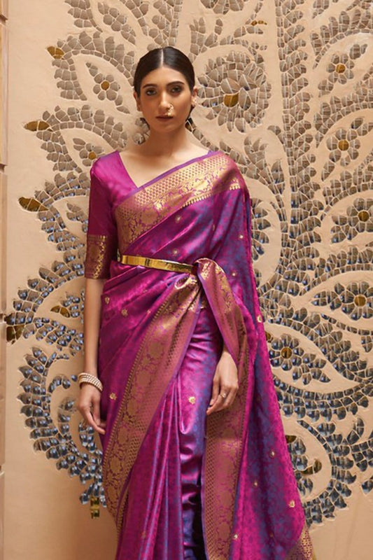 Mellifluous Purple Pure Kanjivaram Silk Saree with Artistic Blouse Piece