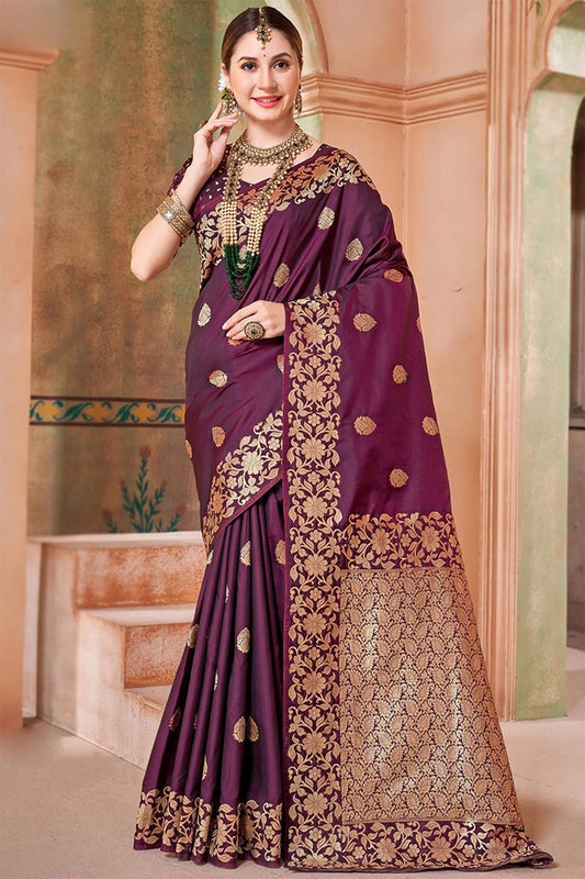 Seraglio Wine Soft Banarasi Silk Saree With Glowing Blouse Piece
