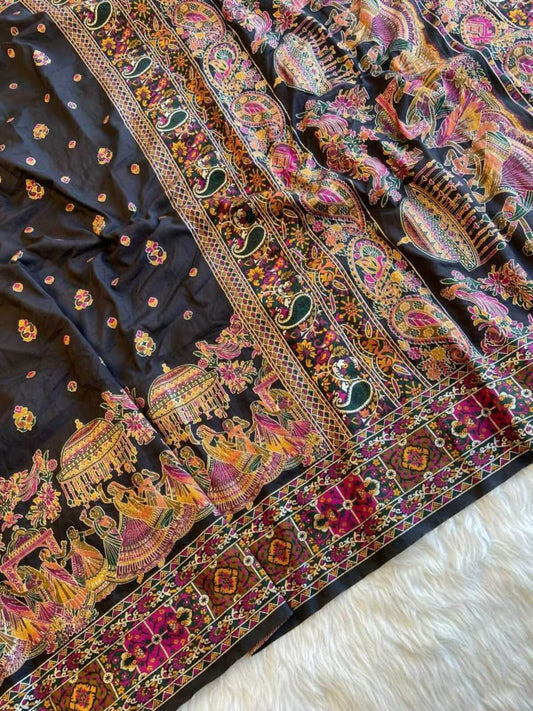 Quintessential Black Nylon Dola Pashmina Saree With Verdant Blouse Piece