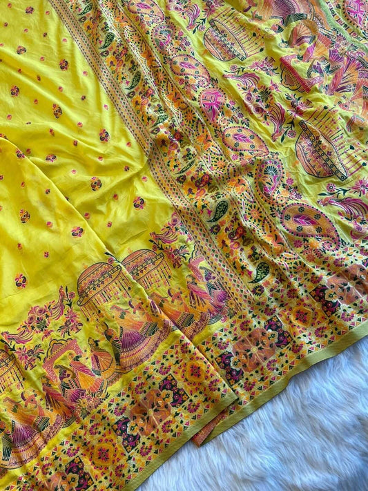 Pretty Yellow Nylon Dola Pashmina Saree With Ethnic Blouse Piece