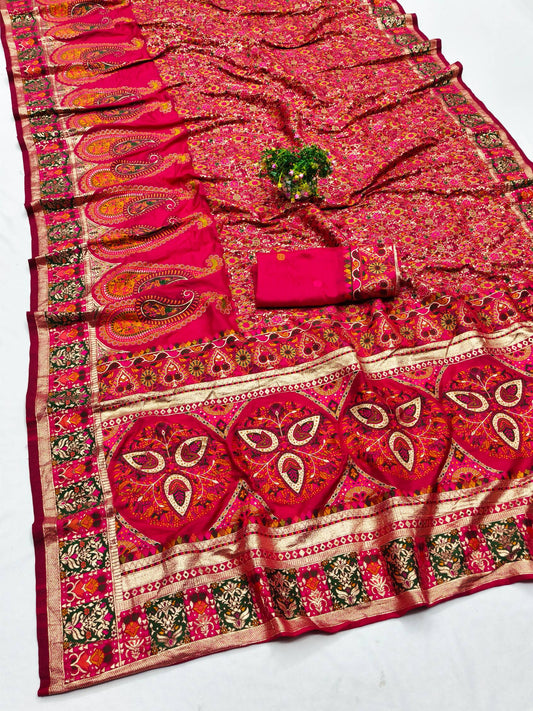 Lassitude Dark Pink Nylon Dola Pashmina Saree With Jazzy Blouse Piece