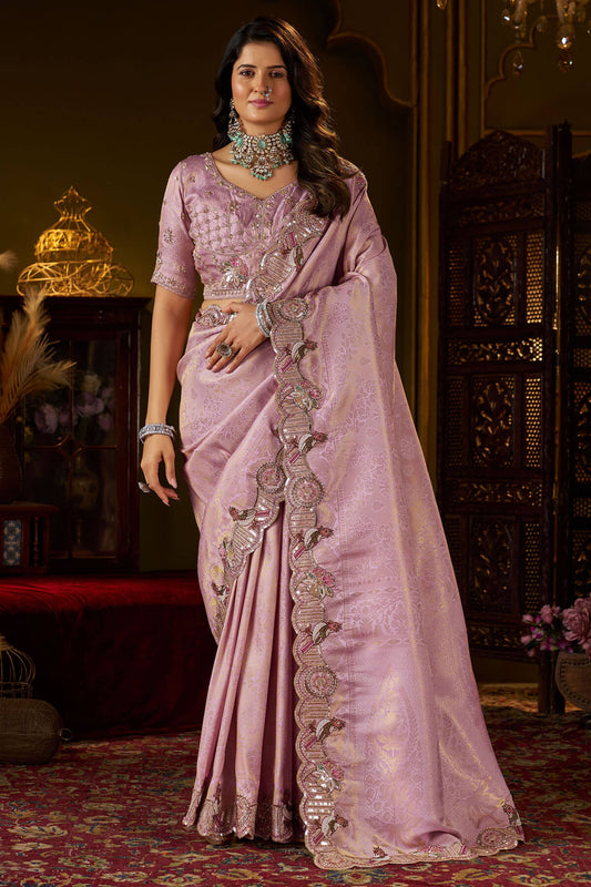 Winsome Lavender Handwork Kanjivaram Silk Saree With Elaborate Blouse Piece