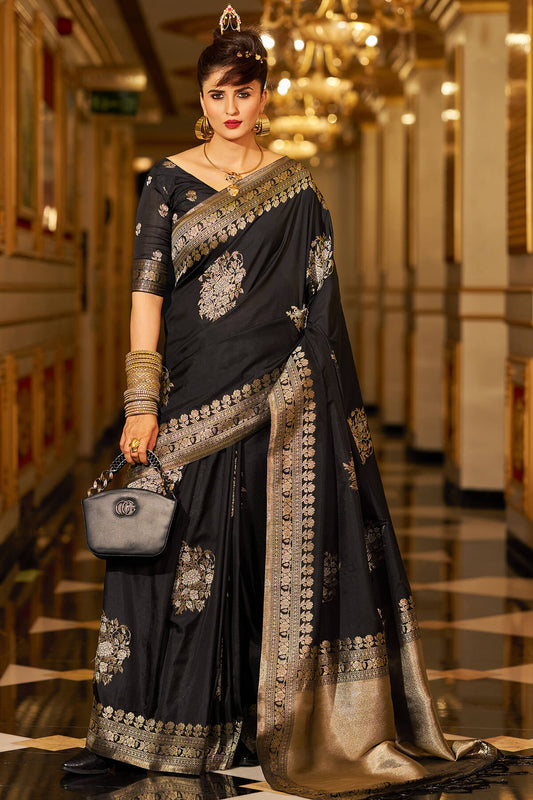 Vivacious Black Pure Zari Weaving Banarasi Silk Saree With Petrichor Blouse Piece
