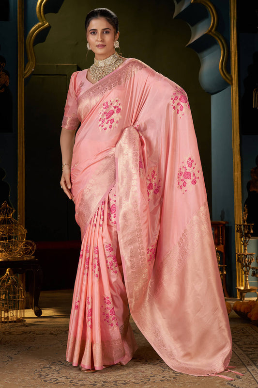 Majestic Peach Pure Zari Weaving Banarasi Silk Saree With Capricious Blouse Piece