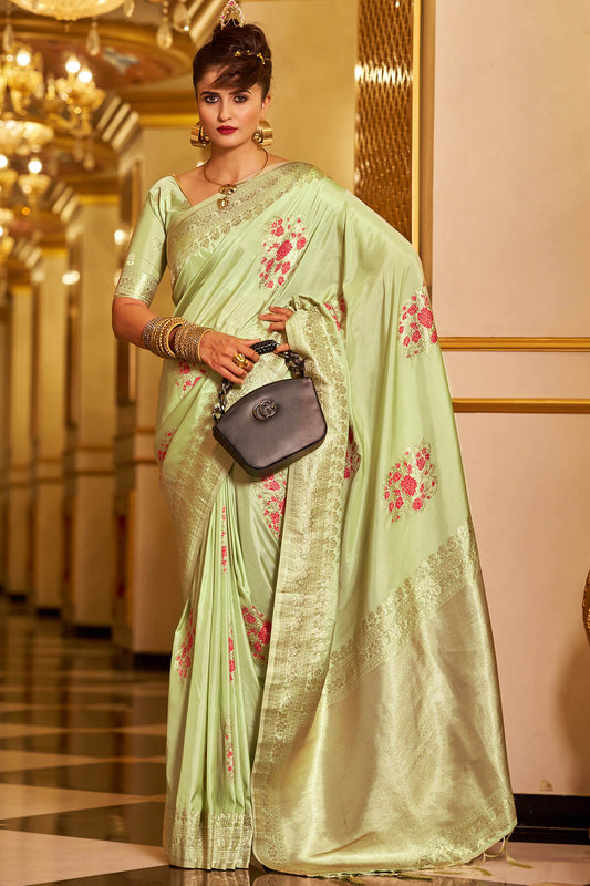 Classy Pista Pure Zari Weaving Banarasi Silk Saree With Arresting Blouse Piece