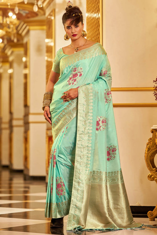 Classic Sea Green Pure Zari Weaving Banarasi Silk Saree With Panoply Blouse Piece
