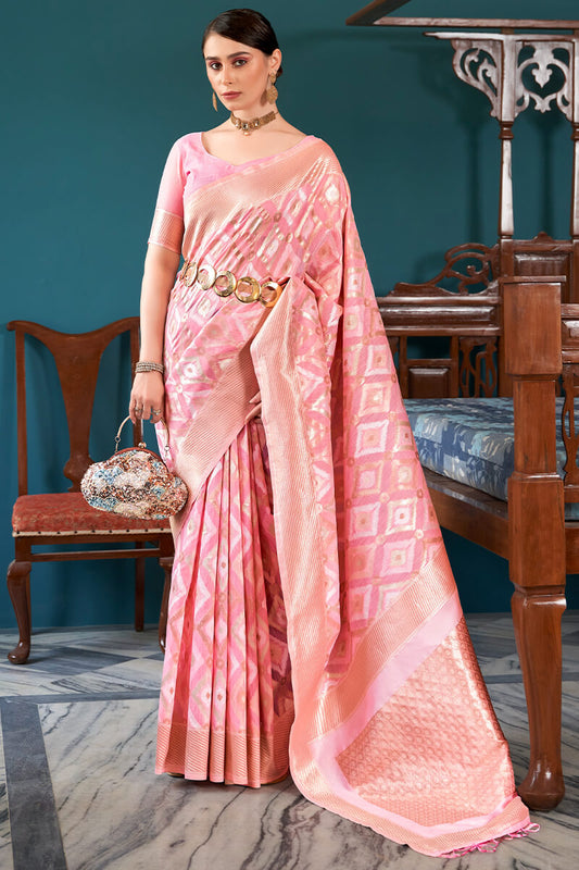 Excellent Baby Pink Cotton Silk Saree With Engrossing Blouse Piece