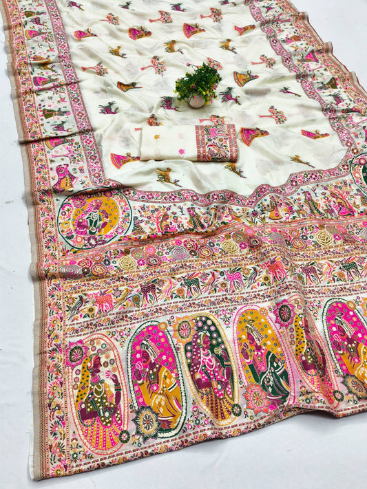 Most Stunning Beige Nylon Dola Pashmina Saree With Glorious Blouse Piece