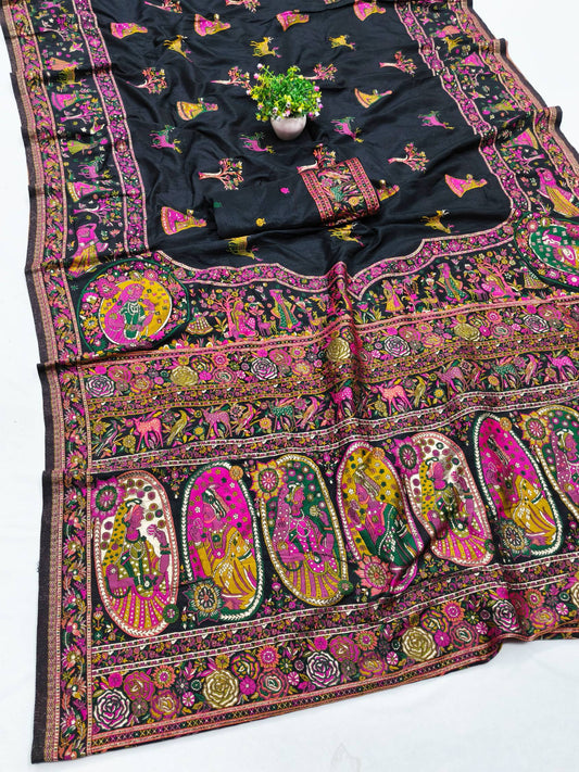 Mellifluous Black Nylon Dola Pashmina Saree With Diaphanous Blouse Piece