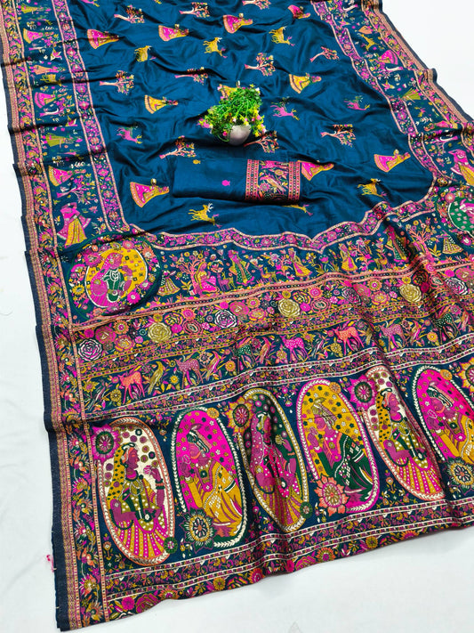 Prettiest Blue Nylon Dola Pashmina Saree With Smart Blouse Piece