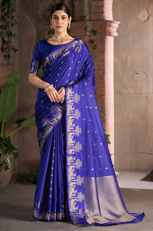 Flattering Royal Blue Pure Zari Weaving Banarasi Silk Saree With Glamorous Blouse Piece