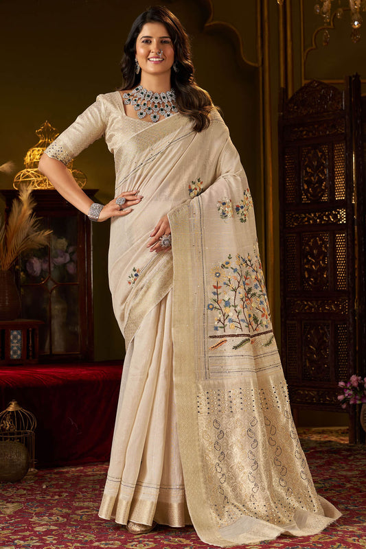Blooming Beige Handwork Linen Silk Saree With Ephemeral Blouse Piece