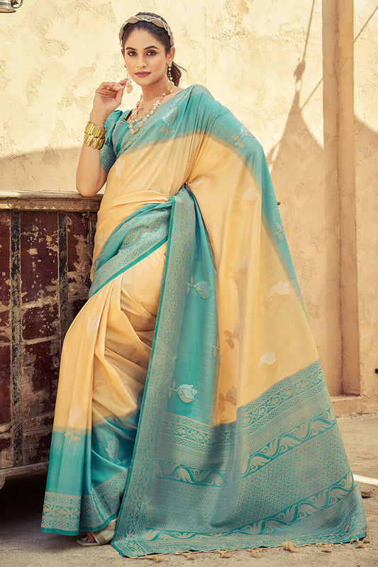 Elision Peach Soft Banarasi Silk Saree With Nectarous Blouse Piece