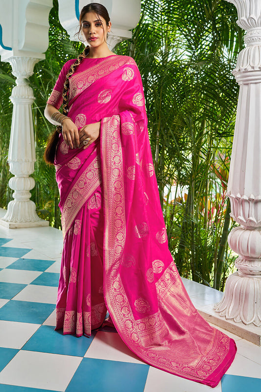 Engaging Dark Pink Pure Banarasi Silk Saree With Serendipity Blouse Piece