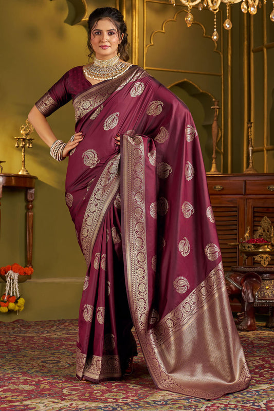 Engrossing Maroon Pure Banarasi Silk Saree With Piquant Blouse Piece