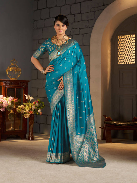 Lustrous Firozi Banarasi Silk Saree With Ravishing Blouse Piece