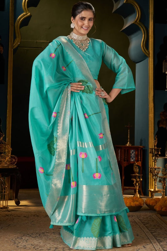 Conflate Turquoise Cotton Silk Saree With Gorgeous Blouse Piece