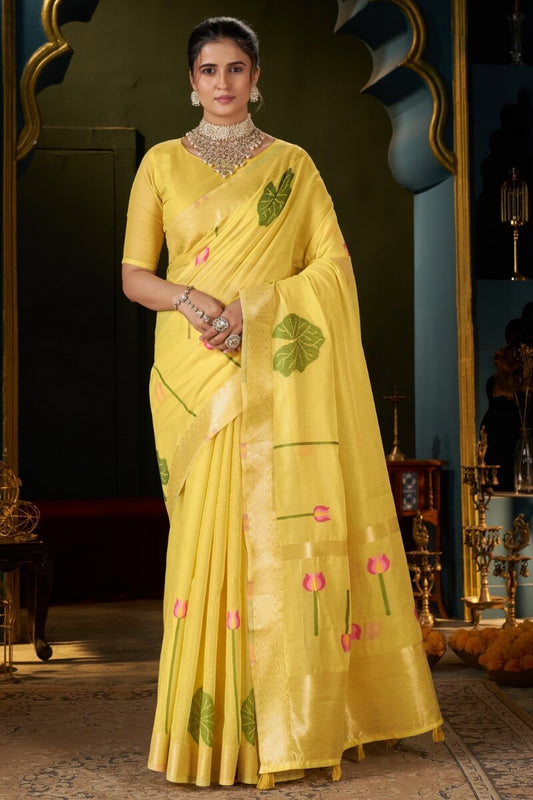 Murmurous Yellow Cotton Silk Saree With Quixotic Blouse Piece