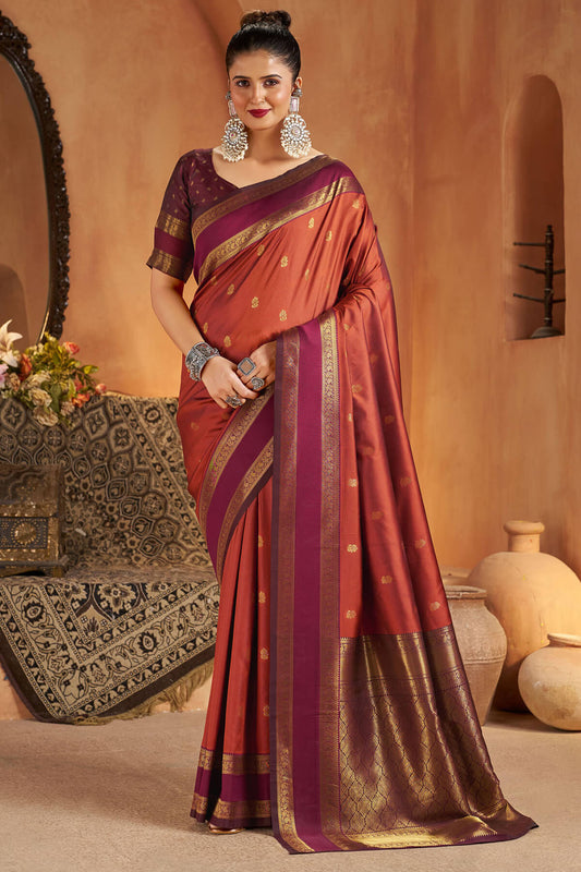 Sonorous Orange Pure Zari Weaving Banarasi Silk Saree With Moiety Blouse Piece