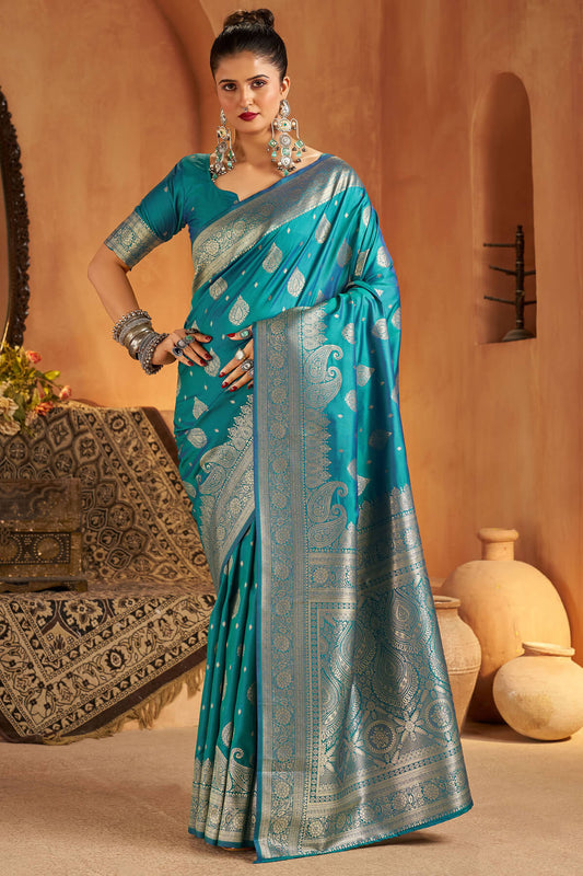 Allure Firozi Pure Banarasi Silk Saree With Aplomb Blouse Piece