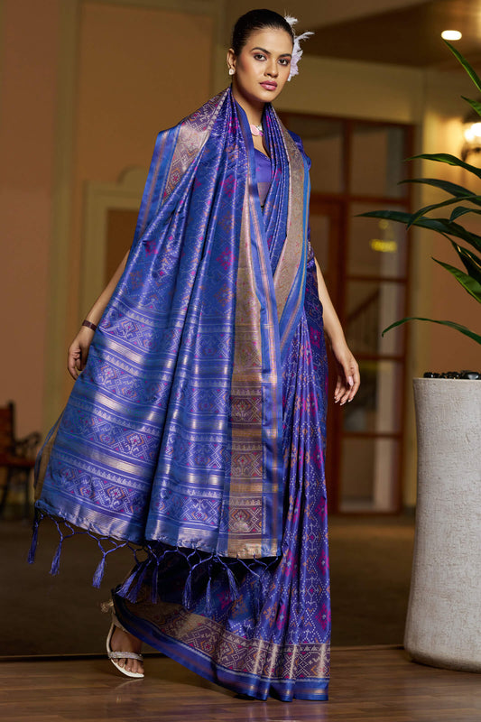 Intricate Royal Blue Pure Zari Weaving Banarasi Silk Saree With Chatoyant Blouse Piece