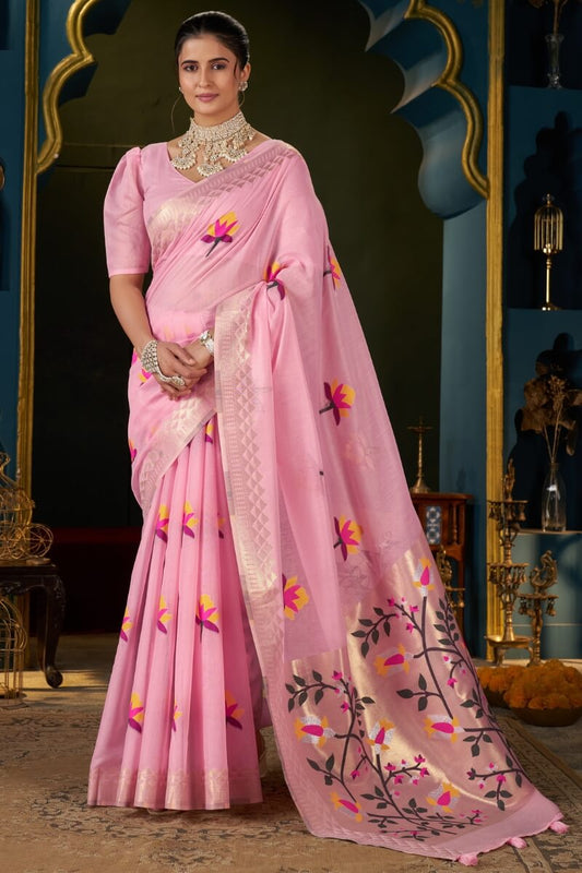 Demanding Pink Cotton Silk Saree With Dulcet Blouse Piece