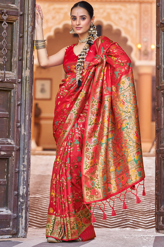 Amazing Red Paithani Silk Saree With Sonorous Blouse Piece