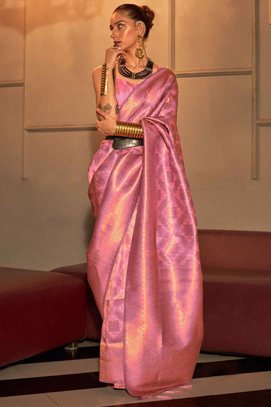Brood Pink Kanjivaram Silk Saree With Bucolic Blouse Piece
