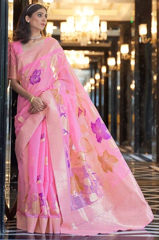 Capricious Pink Cotton Silk Saree With Adorning Blouse Piece