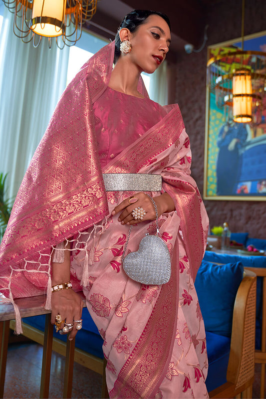 Moiety Baby Pink Organza Silk Saree With Lagniappe Blouse Piece