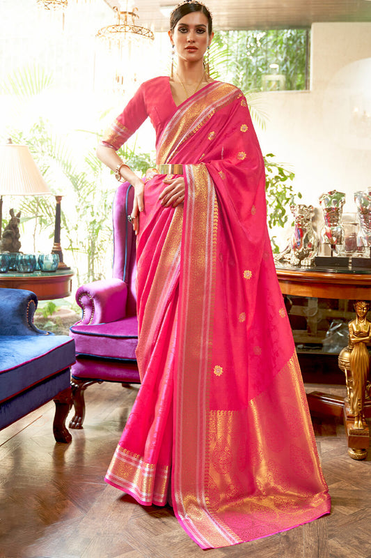 Snappy Dark Pink Kanjivaram Silk Saree With Fantabulous Blouse Piece