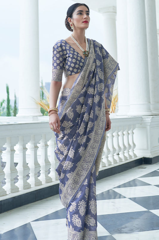 Panoply Blue Lucknowi Silk Saree With Quintessential Blouse Piece