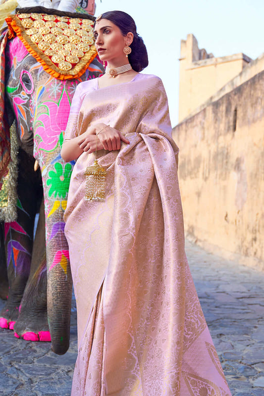 Luminous Baby Pink Kanjivaram Silk Saree with Lustrous Blouse Piece