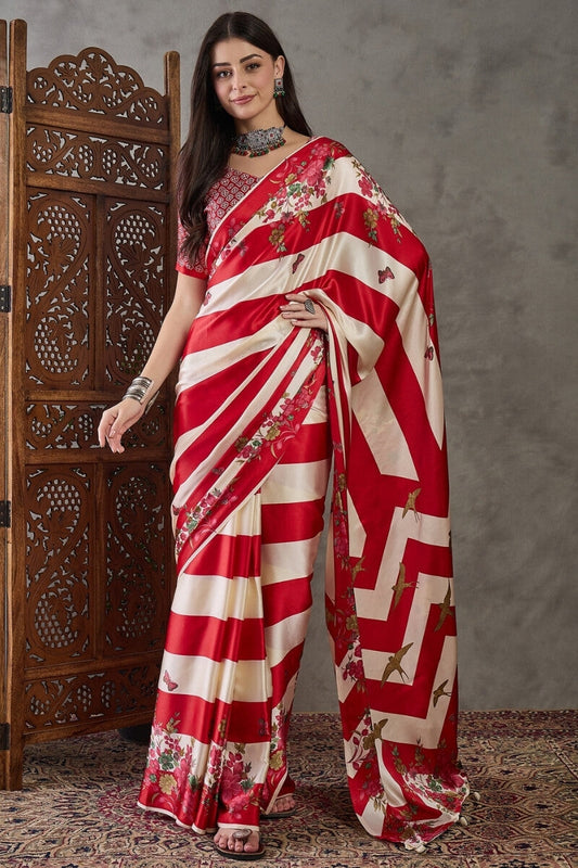 Unique Red Ajrakh Printed Semi Modal Silk Saree With Exemplary Blouse Piece