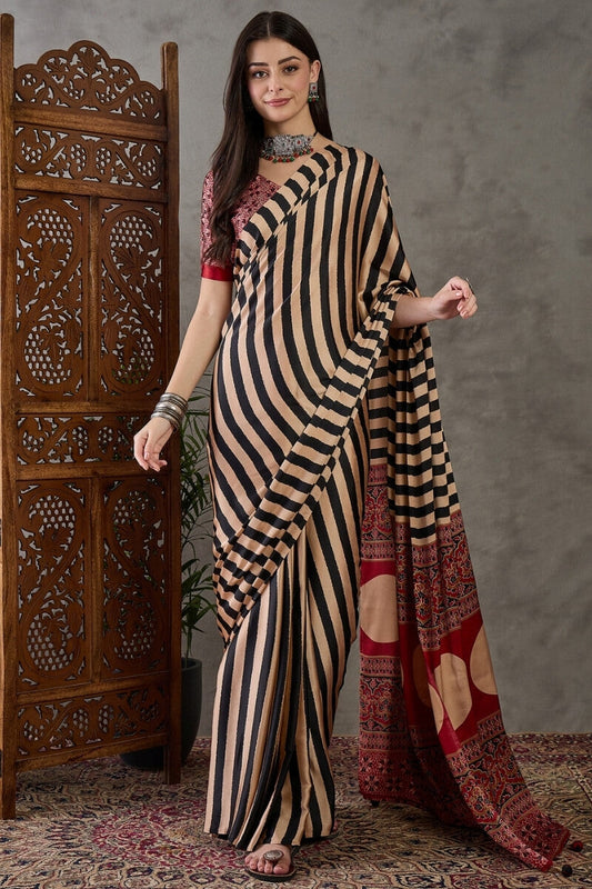 Resonant Black Ajrakh Printed Semi Modal Silk Saree With Vibrant Blouse Piece