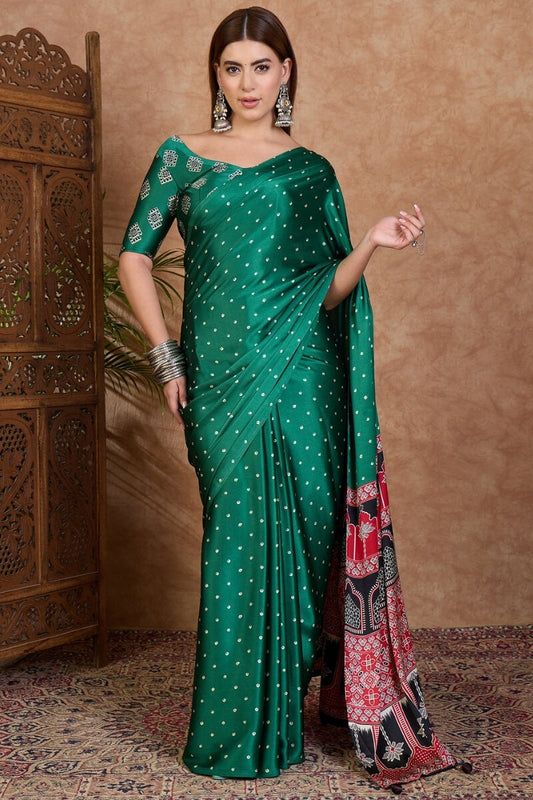 Enigmatic Dark Green Ajrakh Printed Semi Modal Silk Saree With Adoring Blouse Piece