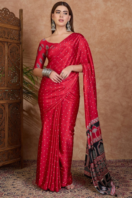 Smart Red Ajrakh Printed Semi Modal Silk Saree With Effulgent Blouse Piece