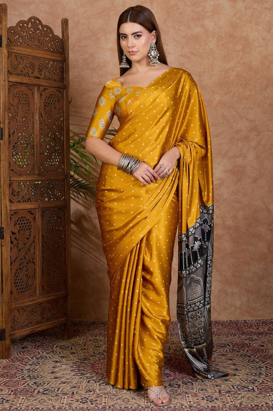 Hypnotic Mustard Ajrakh Printed Semi Modal Silk Saree With Scrupulous Blouse Piece