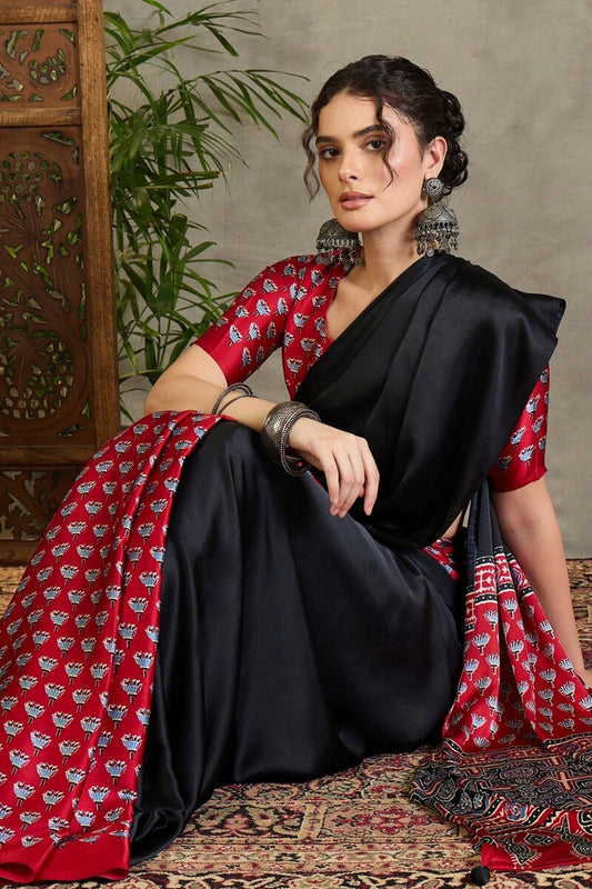 Gorgeous Black Ajrakh Printed Semi Modal Silk Saree With Groovy Blouse Piece
