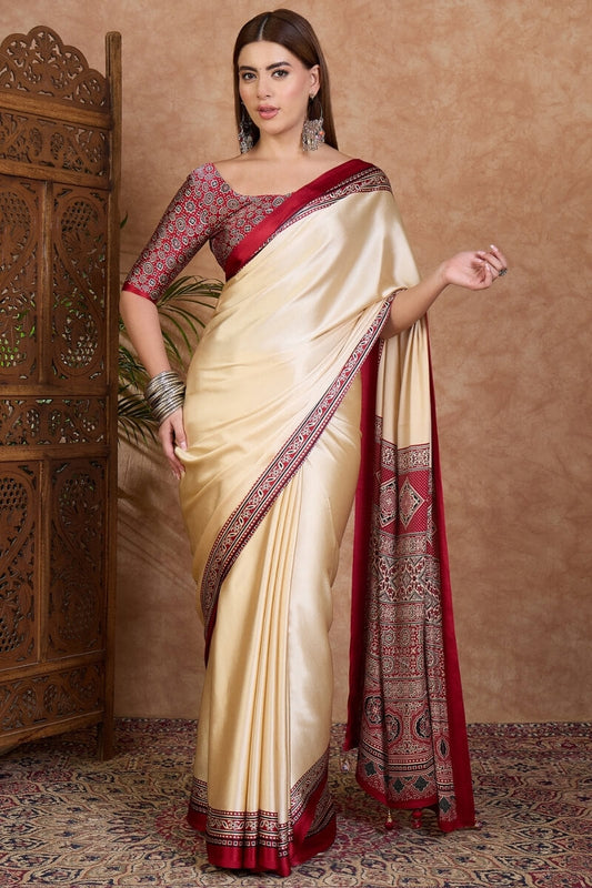 Ethereal Off White Ajrakh Printed Semi Modal Silk Saree With Ailurophile Blouse Piece