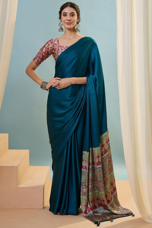 Moiety Rama Ajrakh Printed Semi Modal Silk Saree With Aplomb Blouse Piece