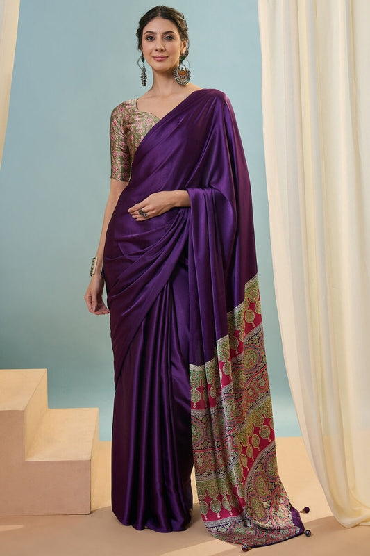 Capricious Purple Ajrakh Printed Semi Modal Silk Saree With Flaunt Blouse Piece