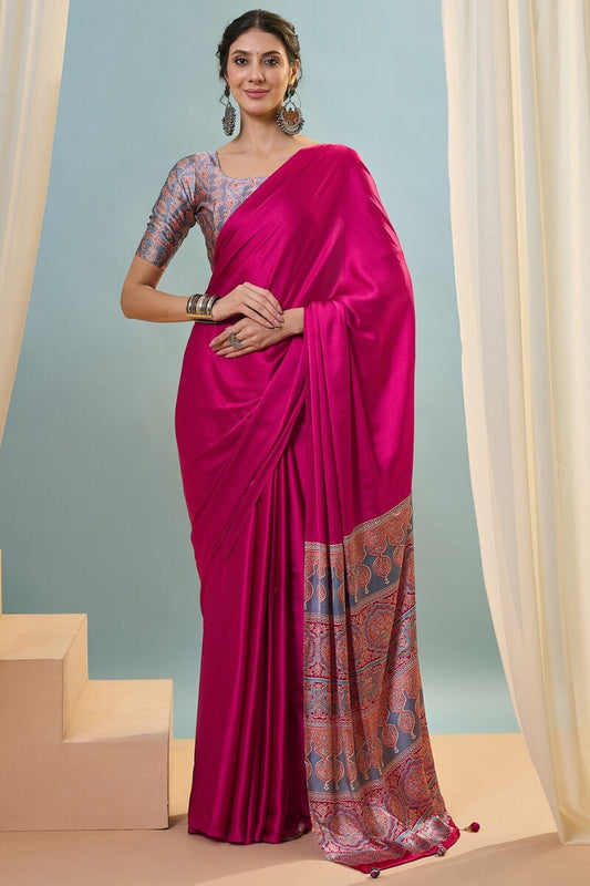 Ornate Dark Pink Ajrakh Printed Semi Modal Silk Saree With Flameboyant Blouse Piece