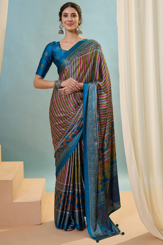 Beautiful Green Ajrakh Printed Semi Modal Silk Saree With Preferable Blouse Piece