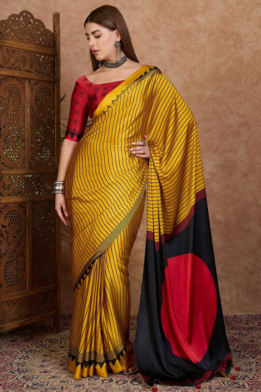 Appealing Yellow Ajrakh Printed Semi Modal Silk Saree With Dalliance Blouse Piece