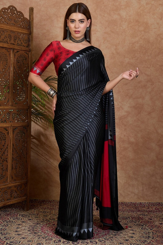 Exquisite Black Ajrakh Printed Semi Modal Silk Saree With Ineffable Blouse Piece